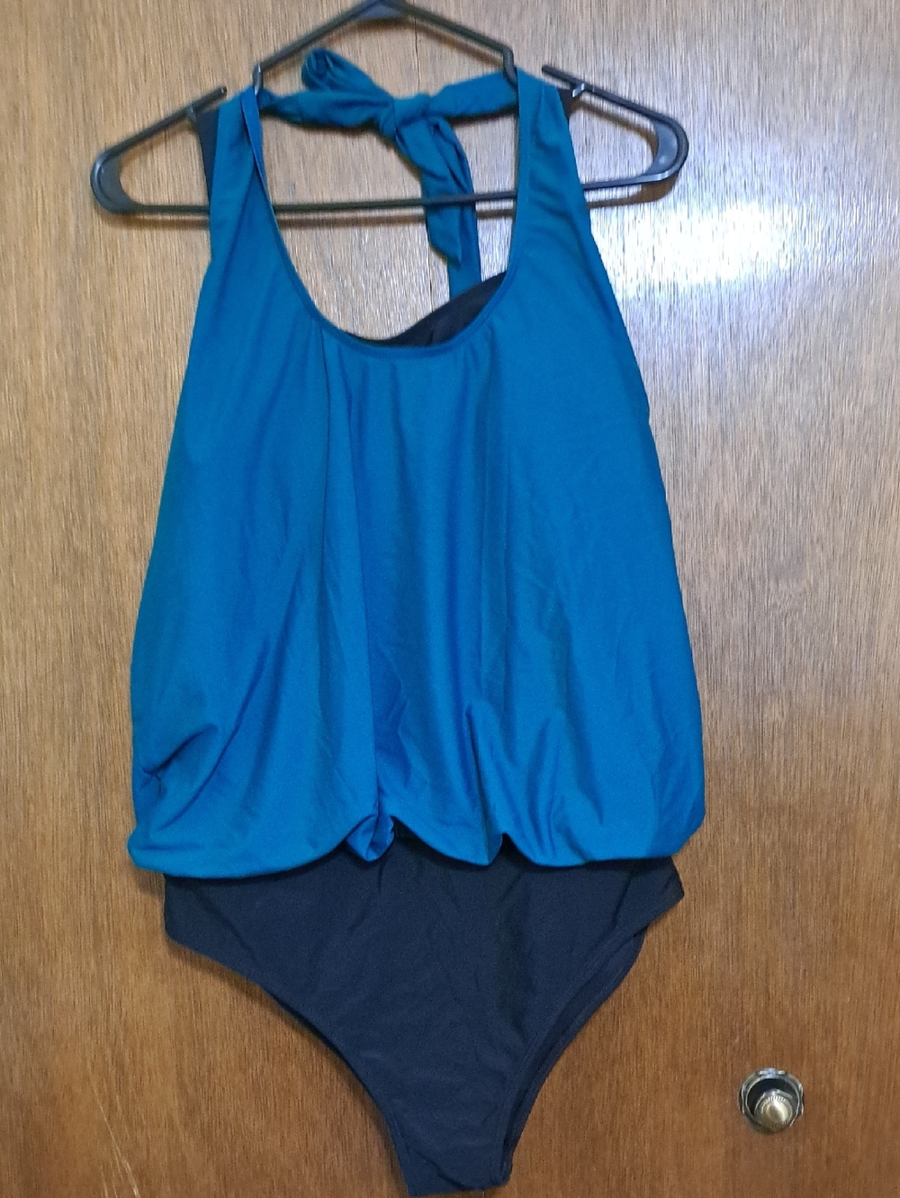 BloomChic Teal and Black Halter Blouson One-Piece Swimsuit